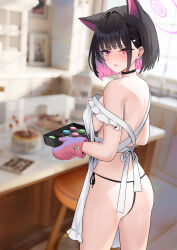 Rule 34 | 1girl, animal ears, apron, ass, back, black choker, black hair, black panties, blue archive, blurry, blurry background, blush, bob cut, breasts, cake, cat ears, chair, choker, cirilla lin, colored inner hair, cupboard, extra ears, food, gloves, gradient hair, hair intakes, hair ornament, hairclip, halo, highres, holding, holding cooking pot, indoors, kazusa (blue archive), kitchen, large breasts, looking at viewer, looking back, macaron, medium hair, multicolored hair, no bra, oven mitts, panties, peroro (blue archive), picture frame, pink eyes, pink hair, pink halo, red gloves, side-tie panties, sideboob, solo, sweatdrop, thighs, two-tone hair, underwear, white apron, window