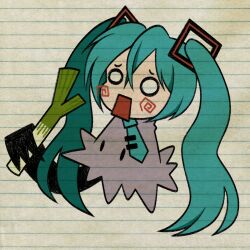 Rule 34 | 1girl, blank eyes, blue hair, blue necktie, creatures (company), cryptidhermit, food, full body, fusion, game freak, gen 7 pokemon, hatsune miku, highres, holding, holding food, holding vegetable, lined paper, long hair, marking on cheek, mimikyu, necktie, nintendo, open mouth, pokemon, solo, spring onion, twintails, vegetable, vocaloid