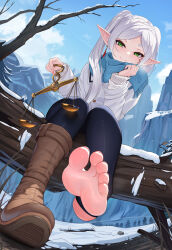 Rule 34 | 1girl, barefoot, black pants, blue scarf, blush, boots, brown footwear, closed mouth, dangle earrings, dutch angle, earrings, elf, eyebrows hidden by hair, feet, frieren, green eyes, highres, holding, holding scale, jewelry, knee boots, long hair, long sleeves, looking at viewer, mountainous horizon, nekoda (maoda), outdoors, pants, pointy ears, scales, scarf, shoe soles, shoes, single shoe, sitting, smile, snow, soles, sousou no frieren, stirrup legwear, toeless legwear, toenails, toes, tree, twintails, weighing scale, white hair