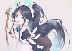 Rule 34 | 1girl, apron, aris (blue archive), aris (maid) (blue archive), black dress, black hair, blue archive, blue eyes, broom, dress, holding, holding broom, long hair, looking at viewer, maid apron, maid headdress, open mouth, ponytail, short sleeves, sidelocks, smile, solo, tautiki, teeth, upper teeth only