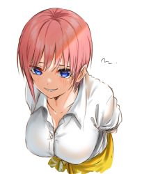 Rule 34 | 1girl, arms behind back, blue eyes, blush, breasts, button gap, cleavage, collarbone, crying, go-toubun no hanayome, hair between eyes, highres, large breasts, leaning forward, light, looking at viewer, mitsugu, nakano ichika, no legs, pink hair, shirt, short hair, simple background, smile, solo, tearing up, tears, white background, white shirt