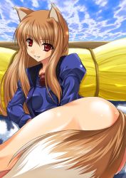 Rule 34 | 00s, 1girl, animal ears, arm support, bottomless, breasts, brown hair, holo, jacket, jewelry, long hair, long sleeves, lying, maho (yakimorokoshi), mashuu (masyu), necklace, no pants, red eyes, smile, solo, spice and wolf, tail, wolf ears, wolf tail