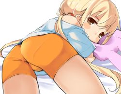 Rule 34 | 10s, 1girl, ass, bike shorts, blonde hair, blush, brown eyes, commentary request, from behind, futaba anzu, idolmaster, idolmaster cinderella girls, looking at viewer, looking back, low twintails, lying, mirakichi, on stomach, panties under bike shorts, pantylines, shirt, solo, stuffed animal, stuffed rabbit, stuffed toy, t-shirt, twintails
