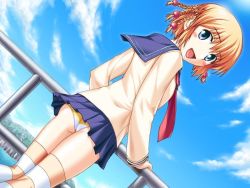Rule 34 | 1girl, ass, blonde hair, blue eyes, braid, character request, cloud, copyright request, dutch angle, fang, hair ornament, island, looking at viewer, looking back, necktie, ocean, open mouth, panties, pantyshot, pleated skirt, railing, rooftop, school uniform, serafuku, short hair, skirt, sky, smile, solo, source request, striped clothes, striped panties, striped thighhighs, thighhighs, underwear, white thighhighs