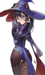 Rule 34 | 1girl, absurdres, ass, asymmetrical bangs, black hair, blue leotard, brown pantyhose, capelet, cotta (heleif), cowboy shot, earrings, floating hair, from behind, genshin impact, gold trim, green eyes, hair between eyes, hair ornament, hat, hat ornament, highres, jewelry, leotard, long hair, looking at viewer, looking back, mona (genshin impact), pantyhose, simple background, solo, sparkle print, star (symbol), star earrings, star hair ornament, star hat ornament, thigh gap, thighlet, twintails, white background, witch hat
