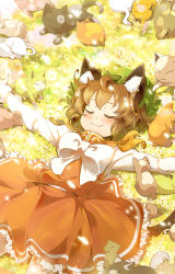 Rule 34 | 1girl, animal ears, bad id, bad pixiv id, blush, cat, cat ears, cat tail, chen, closed eyes, earrings, female focus, hat, highres, im (badmasa), jewelry, lying, on back, outstretched arms, short hair, single earring, smile, solo, spread arms, sunlight, tail, too many, too many cats, touhou