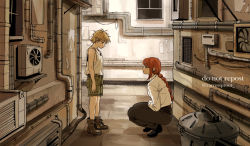 Rule 34 | 1boy, 1girl, air conditioner, alley, blonde hair, boots, braid, braided ponytail, breasts, carrotsprout, chainsaw man, collared shirt, denji (chainsaw man), highres, long hair, looking at another, makima (chainsaw man), medium breasts, pipe in mouth, red hair, shirt, shirt tucked in, short hair, shorts, sidelocks, smile, smoking pipe, squatting, tank top, trash can, white shirt, white tank top, window