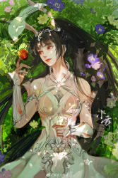 Rule 34 | 1girl, absurdres, animal ears, ba bo er benbo er, bird, breasts, brown hair, closed mouth, collar, douluo dalu, dress, flower, from above, grass, hair ornament, hand on own stomach, highres, looking to the side, lying, medium breasts, metal collar, on back, pink dress, ponytail, rabbit ears, solo, upper body, xiao wu (douluo dalu)