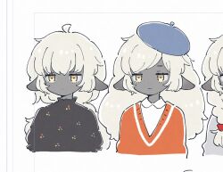 Rule 34 | 1girl, ahoge, alternate hairstyle, animal ears, beret, black shirt, blue headwear, bow, braid, closed mouth, collared shirt, colored skin, commentary, cropped torso, dot mouth, dot nose, expressionless, flat color, frilled shirt collar, frilled sleeves, frills, grey skin, hair bow, hair down, hat, horizontal pupils, long hair, low ponytail, orange sweater, original, puffy short sleeves, puffy sleeves, red bow, sheep ears, sheep girl, shirt, short sleeves, sweater, symbol-only commentary, terayamaden, twin braids, unfinished, upper body, variations, white background, white hair, white shirt, yellow eyes