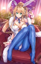 Rule 34 | 1girl, ahoge, alcohol, animal ears, aqua background, armchair, artoria pendragon (all), artoria pendragon (fate), artoria pendragon (swimsuit ruler) (fate), backlighting, bare shoulders, blonde hair, blue necktie, blue pantyhose, blush, breasts, chair, champagne, champagne flute, city lights, cleavage, closed mouth, commentary request, cup, detached collar, drinking glass, elbow gloves, fake animal ears, fate/grand order, fate (series), feet, full body, fur, gloves, hair between eyes, high ponytail, indoors, knee up, koyuki (kotatsu358), lamp, large breasts, leotard, long hair, looking at viewer, necktie, no shoes, pantyhose, playboy bunny, rabbit ears, shawl, smile, solo, spilling, strapless, strapless leotard, very long hair, window, wrist cuffs