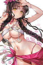 Rule 34 | 1girl, bare shoulders, bikini, black hair, blush, bracelet, braid, breasts, chest tattoo, cleavage, closed mouth, collarbone, earrings, facial mark, fate/grand order, fate (series), flower, forehead mark, hair flower, hair ornament, jewelry, large breasts, long hair, looking at viewer, multicolored hair, nail polish, navel, necklace, parted bangs, pearl bracelet, pearl necklace, pink hair, sarong, seiru (prairie), sessyoin kiara, sesshouin kiara (swimsuit), sessyoin kiara (swimsuit mooncancer), sessyoin kiara (swimsuit mooncancer) (first ascension), simple background, smile, streaked hair, swimsuit, tattoo, twin braids, very long hair, wavy hair, white bikini, yellow eyes