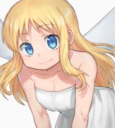 Rule 34 | 1girl, 1other, angel, angel wings, bare shoulders, blonde hair, blue eyes, breasts, cleavage, closed mouth, crimvael, dress, ishuzoku reviewers, komiya harumoto, long hair, looking at viewer, medium breasts, other focus, smile, solo, strapless, strapless dress, upper body, v arms, white dress, wings