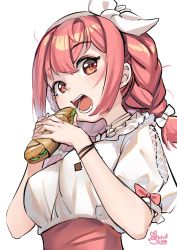 Rule 34 | 1girl, banh mi, braid, choker, eating, hairband, hibiki du ca, highres, looking at viewer, nijigen project, open mouth, pink hair, puffy short sleeves, puffy sleeves, shirt, short sleeves, sidelocks, signature, simple background, siriuflong, solo, virtual youtuber, white background, white shirt