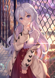 Rule 34 | 1girl, ahoge, blush, breasts, brown coat, casual, chain-link fence, coat, commentary request, day, fence, finger to mouth, head tilt, highres, ldfe mk2, lens flare, long hair, long sleeves, looking at viewer, medium breasts, off shoulder, open clothes, open coat, outdoors, purple eyes, red skirt, senki zesshou symphogear, sidelocks, silver hair, skirt, soap bubbles, solo, sunlight, sweater, white sweater, yukine chris