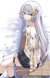 Rule 34 | 1girl, absurdres, bare shoulders, black skirt, black socks, breasts, cleavage, closed mouth, commentary request, commission, crystal earrings, earrings, eyes visible through hair, feet out of frame, flower, grey hair, hair flower, hair ornament, highres, jewelry, kneehighs, light smile, long hair, looking at viewer, medium breasts, miniskirt, off-shoulder sweater, off shoulder, original, pendant, pixiv commission, pointy ears, purple flower, ribbon, ring, sitting, skirt, sleeves past wrists, socks, solo, split mouth, sweater, thigh strap, touko (toko12 tooko), very long hair, white ribbon, yellow eyes, yellow flower, yellow sweater