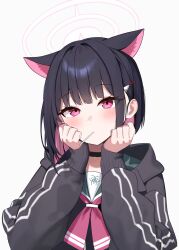 Rule 34 | 1girl, animal ears, ayeon chan, black hair, black jacket, blue archive, blush, cat ears, colored inner hair, extra ears, hair ornament, hairclip, halo, highres, hood, hood down, hooded jacket, jacket, kazusa (blue archive), long sleeves, looking at viewer, mouth hold, multicolored hair, pink hair, pink halo, red eyes, short hair, simple background, solo, upper body, white background