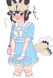 Rule 34 | absurdres, african wild dog (kemono friends), afterimage, alternate costume, animal ears, bag, blue dress, blush, bow, bowtie, brown eyes, brown hair, casual, cowboy shot, dog ears, dog girl, dog tail, dress, embarrassed, extra ears, fang, frilled socks, frills, hair between eyes, handbag, highres, kemono friends, kumasyan1998, light brown hair, looking at viewer, multicolored hair, open mouth, pleated dress, sailor collar, sailor dress, short hair, short sleeves, sidelocks, socks, sweatdrop, tail, tail wagging, two-tone hair, white bow, white bowtie, white socks, wrist cuffs