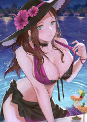 1girl bare_shoulders bikini black_hat breasts brown_hair cleavage collarbone dorothea_arnault dorothea_arnault_(summer) female_focus fire_emblem fire_emblem:_three_houses fire_emblem_heroes green_eyes hat highres large_breasts long_hair looking_at_viewer night nintendo official_alternate_costume partially_submerged sarong solo swimsuit water wet