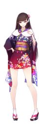 Rule 34 | 1girl, brown hair, flower, full body, fuyuno yuuki, hair flower, hair ornament, hairpin, hand on own hip, hand on own chest, ichijoudani (oshiro project), japanese clothes, kimono, long hair, official art, oshiro project:re, oshiro project:re, purple eyes, solo, transparent background