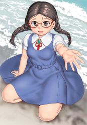 Rule 34 | 1girl, arm support, belt, blue dress, blush, braid, brown eyes, brown hair, commentary request, dress, highres, kneeling, long hair, looking at viewer, open mouth, original, orizen, outstretched arm, sand, shore, solo, tareme, twintails, water, wing collar