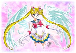 Rule 34 | 1girl, angel wings, anime coloring, artist name, bishoujo senshi sailor moon, blonde hair, blue eyes, blue sailor collar, bow, brooch, choker, circlet, cowboy shot, doily, earrings, elbow gloves, feathered wings, feathers, gloves, heart, heart brooch, jewelry, light smile, long hair, marco albiero, miniskirt, multicolored clothes, multicolored skirt, official style, parted bangs, pink background, pleated skirt, red bow, sailor collar, sailor moon, see-through, signature, skirt, solo, sparkle, star (symbol), starry background, super sailor moon, tsukino usagi, twintails, very long hair, white gloves, wings