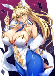 Rule 34 | 1girl, animal ears, artoria pendragon (all), artoria pendragon (fate), artoria pendragon (swimsuit ruler) (fate), bare shoulders, blonde hair, blue necktie, blue pantyhose, blush, braid, breasts, card, cleavage, closed mouth, clothing cutout, detached collar, fake animal ears, fate/grand order, fate (series), fishnet pantyhose, fishnets, french braid, gradient background, green eyes, hair between eyes, highleg, highleg leotard, highres, index finger raised, kumakichi (cost-lost), large breasts, leotard, long hair, looking at viewer, navel, navel cutout, necktie, pantyhose, playboy bunny, playing card, ponytail, purple background, rabbit ears, rabbit girl, sidelocks, smile, solo, sparkle, tiara, wrist cuffs
