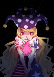 Rule 34 | 1girl, american flag dress, black background, blonde hair, clownpiece, dark, hat, jester cap, light, long hair, red eyes, shaded face, shirt, short sleeves, smile, solo, star (symbol), striped, touhou, upper body, yagami (nadegami)