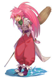 Rule 34 | 1girl, arche klein, baggy pants, belt, boots, bracelet, broom, crescent belt buckle, earrings, elbow gloves, full body, gloves, holding, holding broom, hungry clicker, jewelry, leaning forward, long hair, looking at viewer, namco, open mouth, pants, pink eyes, pink hair, purple footwear, purple gloves, red pants, shirt, short sleeves, simple background, smile, solo, tales of (series), tales of phantasia, water, white background, white shirt