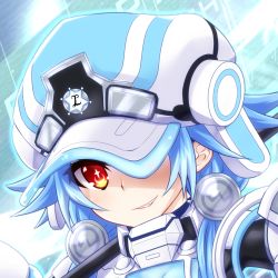 Rule 34 | 10s, 1girl, blanc (neptunia), blue hair, cabbie hat, goggles, goggles on headwear, grin, hair ornament, hat, hat over one eye, looking at viewer, machinery, mizunashi (second run), neptune (series), next white, orange eyes, red eyes, shin jigen game neptune vii, short hair, smile, solo, white heart (neptunia)