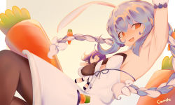 Rule 34 | 1girl, :d, absurdres, animal ear fluff, animal ears, arm up, armpits, artist name, black gloves, black pantyhose, blue hair, blush, bow, braid, bright pupils, carrot, carrot hair ornament, character doll, coat, commentary, commentary request, english commentary, food, food-themed hair ornament, fur-trimmed coat, fur-trimmed gloves, fur trim, gelo, gloves, hair ornament, highres, hololive, hololive fantasy, hololive indonesia, long hair, looking at viewer, moona hoshinova, multicolored hair, open mouth, orange eyes, pantyhose, rabbit ears, rabbit girl, smile, solo, twin braids, usada pekora, usada pekora (1st costume), virtual youtuber, white coat, white pupils
