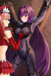 Rule 34 | 2girls, bdsm, bodysuit, bondage, bound, breasts, covered navel, dorachan r, elbow gloves, fate/grand order, fate (series), femdom, gloves, hair intakes, hat, highres, large breasts, long hair, medb (alluring chief warden look) (fate), medb (fate), multiple girls, peaked cap, pink hair, purple bodysuit, purple hair, red eyes, red gloves, red headwear, restrained, scathach (fate), stationary restraints, yellow eyes