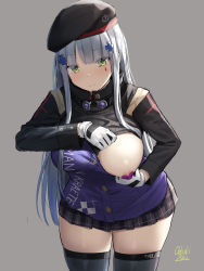 Rule 34 | 1girl, :|, areola slip, artist name, beret, black hat, black skirt, black thighhighs, breasts, closed mouth, commentary request, cowboy shot, cross hair ornament, facial mark, flashing, girls&#039; frontline, gloves, green eyes, grey background, grey hair, hair ornament, hat, heart pasties, highres, hime cut, hk416 (girls&#039; frontline), jacket, large breasts, long hair, long sleeves, looking at viewer, miniskirt, oekakizuki, one breast out, pasties, plaid, plaid skirt, pleated skirt, purple jacket, sidelocks, simple background, skindentation, skirt, solo, sweatdrop, thighhighs, very long hair, white gloves, zettai ryouiki