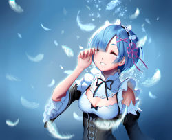 Rule 34 | 10s, 1girl, black ribbon, blue background, blue hair, blunt bangs, breasts, cleavage, closed eyes, crying, detached sleeves, feathers, frills, hair ornament, hair over one eye, hair ribbon, hand on own face, maid, maid headdress, parted bangs, pink ribbon, re:zero kara hajimeru isekai seikatsu, rem (re:zero), ribbon, short hair, small breasts, smile, solo, tears, upper body, wiping tears, x hair ornament, yin.
