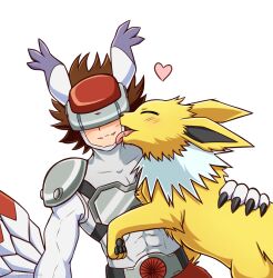 Rule 34 | 1boy, abs, animal ears, artist name, belt, bird legs, black belt, blush, bodysuit, brown hair, cat ears, chest guard, claws, closed eyes, closed mouth, commentary, covered collarbone, covered eyes, creatures (company), crossover, digimon, digimon (creature), fangs, feathered wings, game freak, gen 1 pokemon, head-mounted display, heart, highres, isso (thatsquirrelly), jolteon, licking, licking another&#039;s face, male focus, medium hair, neck fur, nintendo, open mouth, oversized limbs, pokemon, pokemon (creature), shoulder pads, silphymon, simple background, standing, white background, white bodysuit, winged arms, wings, yellow fur