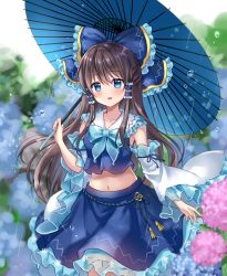 Rule 34 | 1girl, alternate color, alternate eye color, bad id, bad pixiv id, bare shoulders, black hair, blue bow, blue eyes, blue flower, blue neckwear, blue shirt, blue skirt, blue umbrella, blurry, blurry background, blurry foreground, blush, bow, braid, breasts, brown hair, collarbone, commentary request, cowboy shot, crop top, depth of field, detached sleeves, facing viewer, flower, french braid, frilled bow, frilled hair tubes, frilled shirt collar, frills, hair between eyes, hair bow, hair tubes, hakurei reimu, head tilt, holding, holding umbrella, hydrangea, long hair, looking at viewer, mayo (miyusa), medium breasts, midriff, navel, oil-paper umbrella, open mouth, outdoors, parted lips, petticoat, pink lips, player 2, purple flower, rain, shirt, sidelocks, skirt, smile, solo, sparkle, standing, stomach, string tie, touhou, umbrella, very long hair, walking, water drop