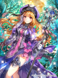 Rule 34 | 1girl, armlet, blonde hair, bow, copyright name, dragon tactics, dress, floating hair, gem, gloves, grey gloves, hat, highres, holding, holding staff, long hair, looking at viewer, moon, official art, pink bow, red eyes, rioka (southern blue sky), side slit, smile, sparkle, staff, very long hair