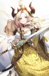 Rule 34 | 1girl, blonde hair, blush, breasts, brown eyes, cleavage, commentary request, crown, dress, earrings, flower, forehead, frilled gloves, frills, gloves, gradient background, granblue fantasy, grey background, grin, highres, holding, holding sword, holding weapon, horns, jewelry, large breasts, long hair, long sleeves, looking at viewer, maria theresa (granblue fantasy), parted bangs, parted lips, pilokey, pointy ears, smile, solo, sword, weapon, white background, white dress, white flower, white gloves, wide sleeves, yellow dress