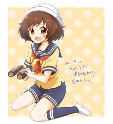 Rule 34 | 10s, 1girl, :d, absurdres, akiyama yukari, alternate costume, binoculars, blouse, blue shorts, blue socks, brown eyes, brown hair, commentary, dated, dixie cup hat, double horizontal stripe, full body, girls und panzer, hat, highres, holding, holding binoculars, loafers, lying, messy hair, military hat, neckerchief, on side, one-hour drawing challenge, open mouth, outside border, parda siko, polka dot, polka dot background, print shorts, print socks, red neckerchief, rounded corners, sailor, sailor collar, shirt, shoes, short hair, shorts, sitting, smile, socks, solo, translation request, twitter username, wariza, white footwear, white hat, yellow background, yellow shirt