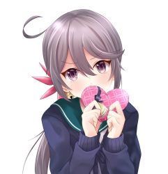 Rule 34 | 1girl, akebono (kancolle), bell, blue sailor collar, blue sweater, box, commentary request, flower, gift, grey eyes, grey hair, hair bell, hair flower, hair ornament, heart, highres, jingle bell, kantai collection, kuroneko86, long hair, looking at viewer, one-hour drawing challenge, sailor collar, school uniform, serafuku, side ponytail, simple background, solo, sweater, upper body, very long hair, white background