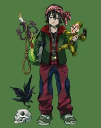 Rule 34 | 1boy, backpack, bag, bandana, bird, candle, crow, fujie yamato, full body, green background, hammer, highres, hood, hoodie, male focus, nail, noose, original, pants, shoes, simple background, skull, sneakers, solo, standing, track pants