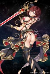 Rule 34 | 1girl, ass, bare shoulders, belt, black gloves, black thighhighs, blue eyes, breasts, brown hair, butt crack, commentary request, copyright name, earrings, garter belt, garter straps, gloves, highres, holding, holding sword, holding weapon, hoshi no girls odyssey, jewelry, large breasts, lips, looking at viewer, looking back, masami chie, official art, parted lips, shiny skin, simple background, smile, solo, sword, thighhighs, thighs, thong, underwear, weapon