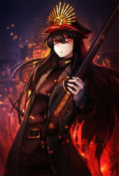 Rule 34 | 1girl, belt, black coat, black hair, closed mouth, coat, family crest, fate/grand order, fate (series), fire, gloves, gun, hat, holding, holding gun, holding sword, holding weapon, long hair, long sleeves, looking at viewer, military hat, oda nobunaga (fate), oda uri, open clothes, open coat, peaked cap, solo, sword, torihasiden, weapon