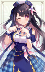 Rule 34 | 1girl, ;), bare shoulders, black hair, blue dress, blue hat, blue nails, blush, breasts, brown hair, closed mouth, clothing cutout, commentary request, dress, hair between eyes, hair ribbon, hands up, hat, heart, heart hands, highres, hina misora, kisaragi yuri, long hair, looking at viewer, medium breasts, multicolored hair, nail polish, one eye closed, plaid, plaid dress, pleated dress, puffy short sleeves, puffy sleeves, red eyes, ribbon, ribbon trim, short sleeves, shoulder cutout, smile, solo, two-tone hair, two side up, very long hair, virtual youtuber, wactor production, wrist cuffs