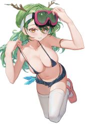 Rule 34 | 1girl, absurdres, alternate costume, antlers, bare shoulders, bikini, bikini top only, breasts, ceres fauna, cleavage, collarbone, denim, denim shorts, green hair, highres, hololive, hololive english, horns, large breasts, leaf, long hair, looking at viewer, short shorts, shorts, simple background, smile, solo, starshell, swimsuit, thighhighs, virtual youtuber, white background, white thighhighs, yellow eyes