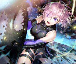 Rule 34 | 1girl, armor, armored leotard, black leotard, elbow gloves, fate/grand order, fate (series), faulds, floating hair, gloves, hair between eyes, highres, holding, holding shield, leotard, looking at viewer, mash kyrielight, noes, open mouth, pink hair, purple eyes, purple gloves, shield, short hair, solo, thigh strap