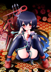 Rule 34 | 1girl, asymmetrical wings, bare shoulders, black hair, black thighhighs, breasts, choco (moyasi), clothing aside, female focus, highres, houjuu nue, no bra, off shoulder, open clothes, open shirt, panties, panties aside, polearm, pussy, pussy juice, red eyes, shirt, short hair, sitting, small breasts, snake, solo, spear, thighhighs, touhou, trident, uncensored, underwear, weapon, wings