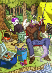 Rule 34 | 2boys, :d, bad id, bad pixiv id, bottle, bucket, camping, can, casual, cell (dragon ball), chair, cooler, denim, dragon ball, dragonball z, fire, fish, fishing, fishing rod, frieza, gloves, happy, highres, holding, holding fishing rod, jacket, jeans, multiple boys, nature, no wings, open mouth, out of character, outdoors, pale skin, pants, radio, red eyes, river, rock, scarf, shinomiya akino, shoes, sitting, smile, squatting, sweater, table, tail, teeth, tent, tree, water, wood