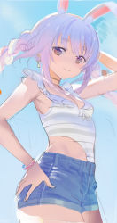 Rule 34 | absurdres, alternate costume, animal ears, arm behind head, blouse, blue hair, bracelet, breasts, brown eyes, choker, cleavage, clothing cutout, commentary, cowboy shot, denim, denim shorts, earrings, frilled shirt, frills, gradient hair, grey shirt, hand on own hip, highres, hikimayu, hololive, hololive fantasy, jewelry, looking at viewer, midriff, multicolored hair, one-piece swimsuit, purple hair, rabbit-shaped pupils, rabbit ears, rabbit girl, seicoh, shirt, short eyebrows, short shorts, shorts, side cutout, sketch, sky, sleeveless, sleeveless shirt, small breasts, smile, standing, standing on one leg, striped clothes, striped shirt, swimsuit, symbol-shaped pupils, thick eyebrows, unfinished, usada pekora, virtual youtuber, white background, white shirt