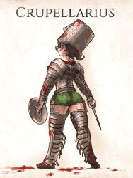 1girl armor blood blood_on_ground brown_eyes brown_hair buckler faulds from_behind full_body gladiator gladiator_sandals gladius greaves helm helmet highres holding holding_shield holding_sword holding_weapon ironlily manica original pauldrons roman_armor roman_empire sandals shield short_sword shoulder_armor solo sweat sword thighs weapon