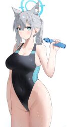 Rule 34 | 1girl, absurdres, animal ear fluff, animal ears, black one-piece swimsuit, blue archive, blue eyes, bottle, breasts, competition swimsuit, covered navel, cowboy shot, cross hair ornament, extra ears, grey hair, hair ornament, halo, happy05x, highleg, highleg swimsuit, highres, holding, holding bottle, low ponytail, medium breasts, medium hair, mismatched pupils, multicolored clothes, multicolored swimsuit, official alternate costume, one-piece swimsuit, ramune, shiroko (blue archive), shiroko (swimsuit) (blue archive), simple background, solo, standing, swimsuit, white background, wolf ears